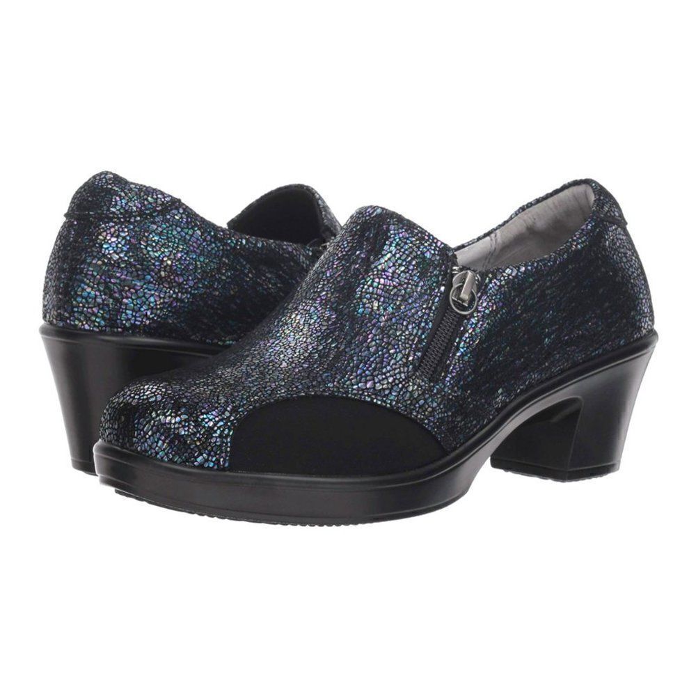 Alegria Hayli Heeled Metallic Bootie Clog
